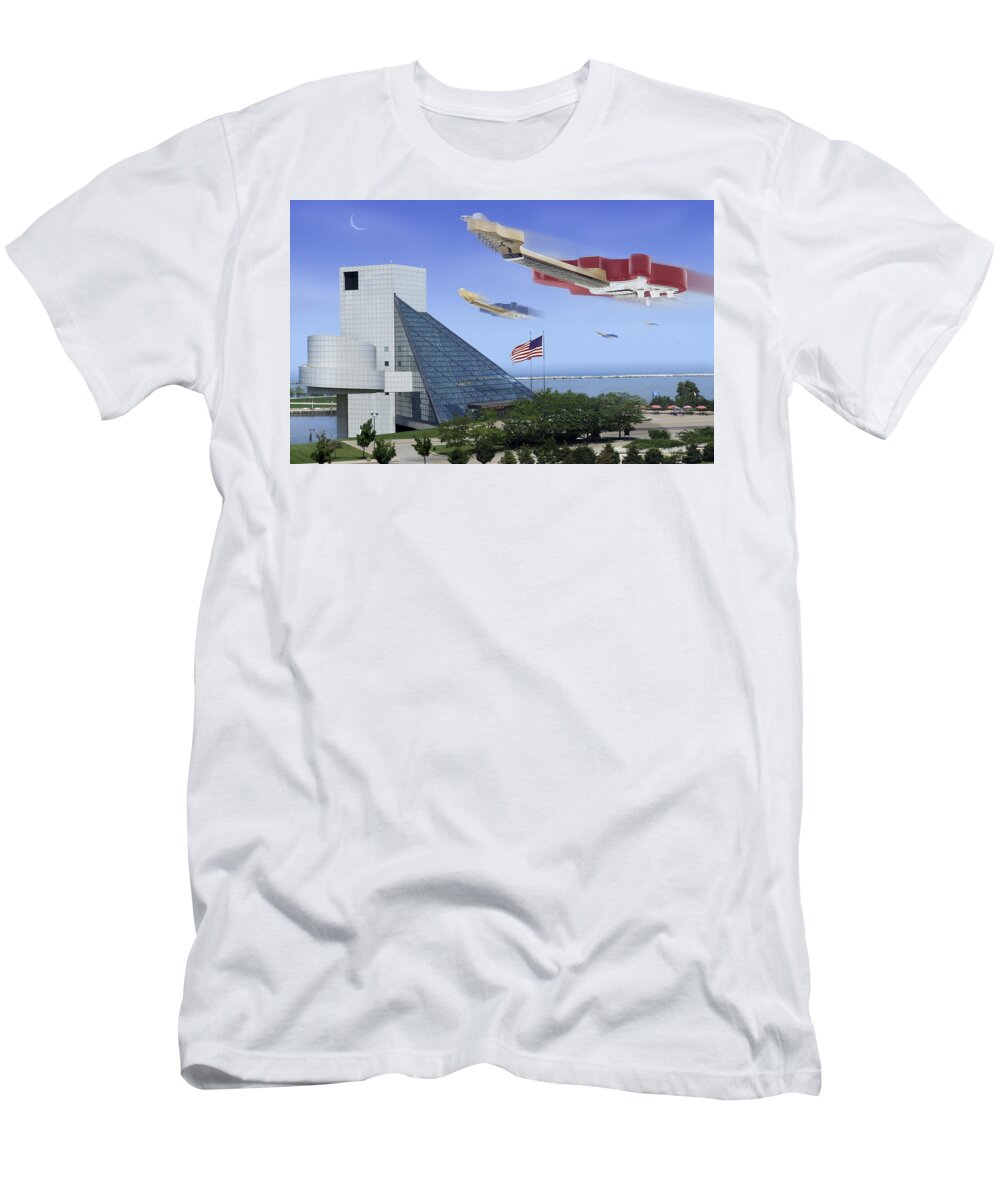 Flying Guitars T-Shirt featuring the photograph Guitar Wars At The Rock Hall by Mike McGlothlen