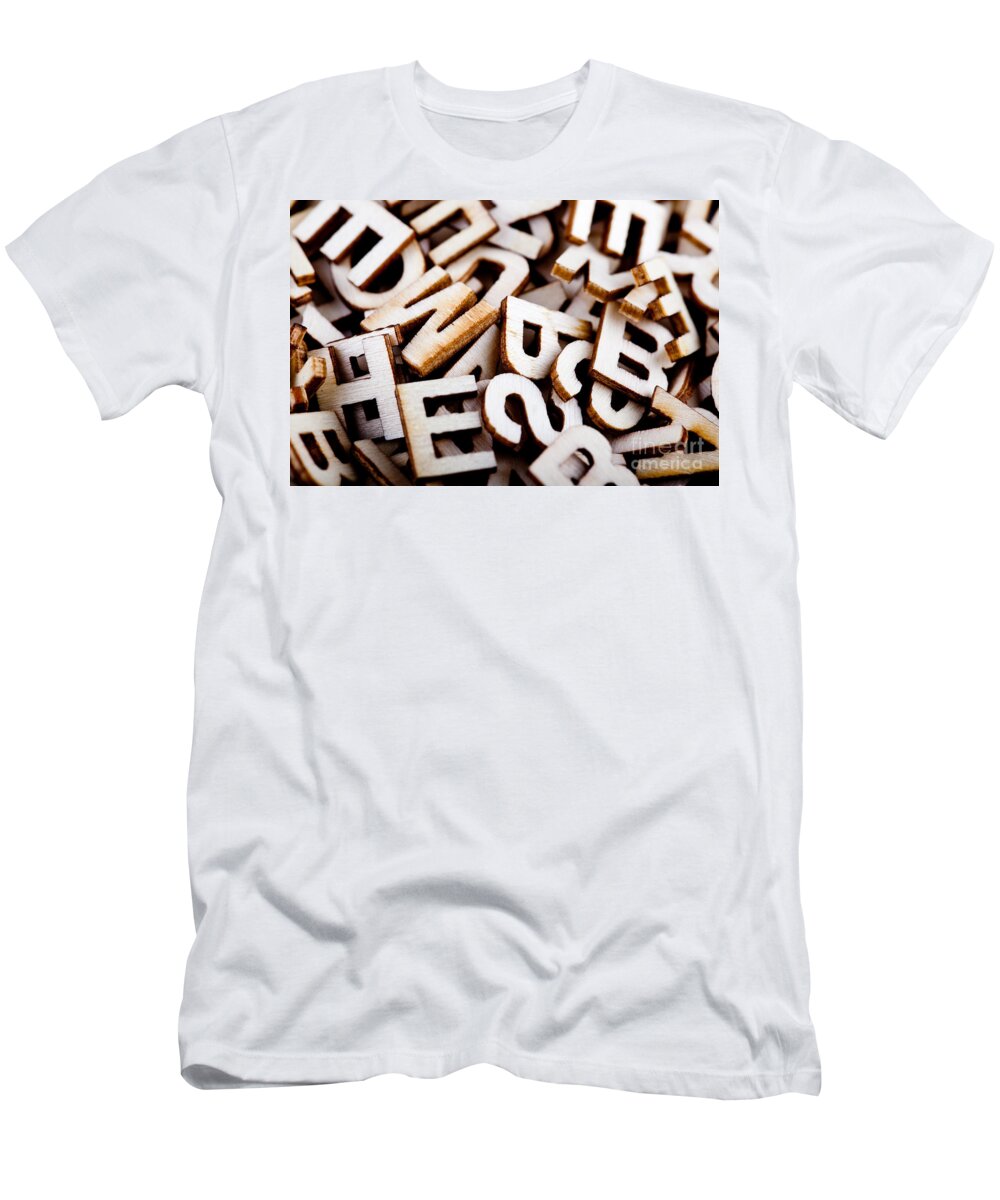 Letters T-Shirt featuring the photograph Jumbled letters close up by Simon Bratt