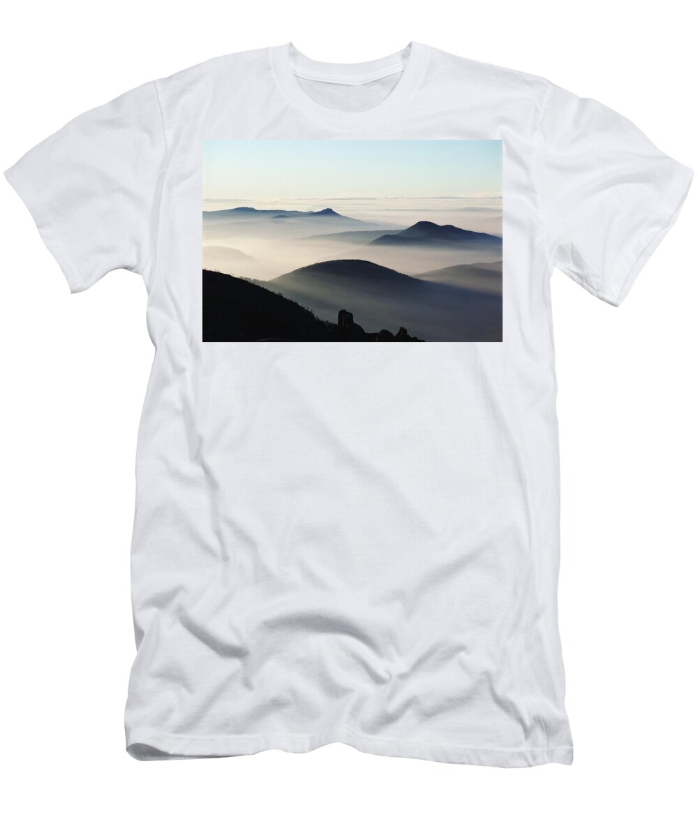 Sunset T-Shirt featuring the photograph Mist And Mountains by Axiom Photographic