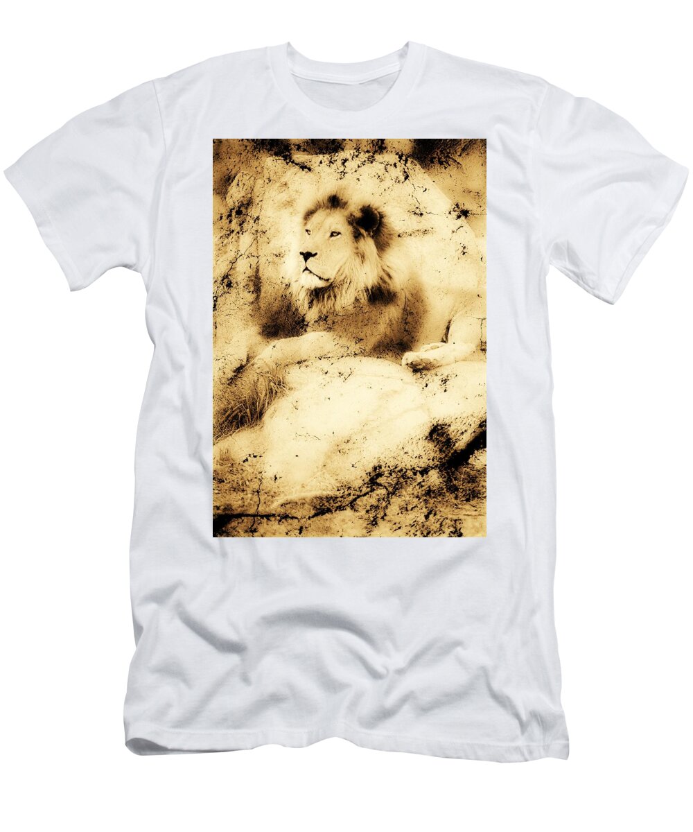 Sepia T-Shirt featuring the photograph Old Photograph Of A Lion On A Rock by Chris Knorr