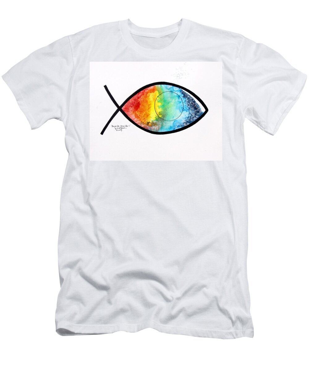 Fish T-Shirt featuring the painting Peces de Oracion 1 by J Vincent Scarpace