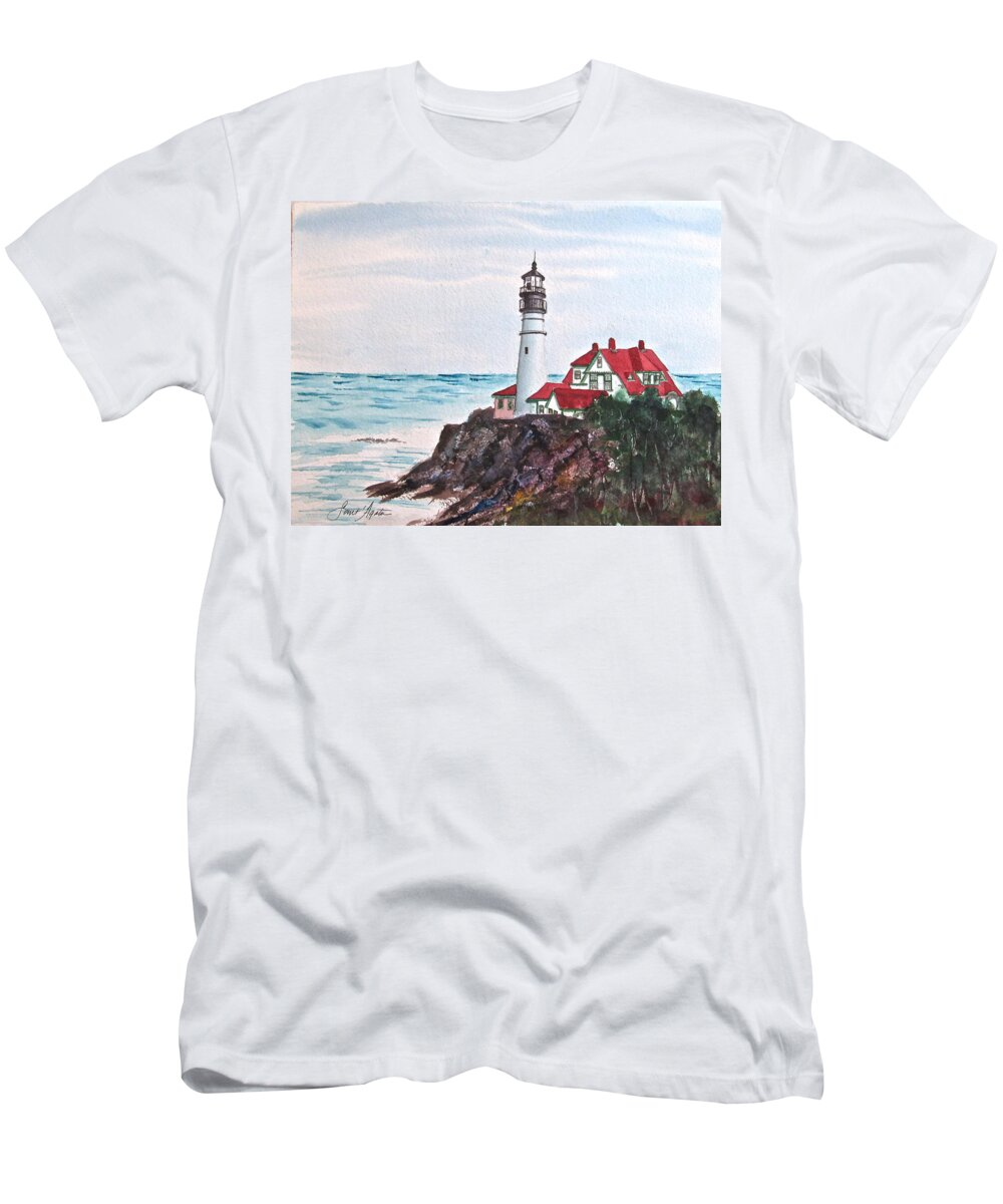 Lighthouse T-Shirt featuring the painting Portland Head Light III by Frank SantAgata