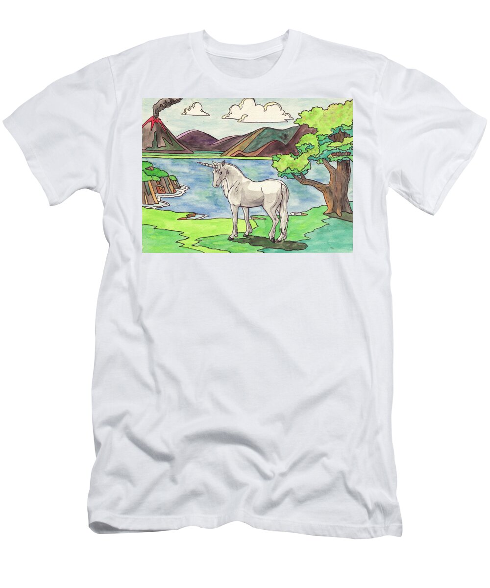Unicorn T-Shirt featuring the painting Prehistoric Unicorn by Crista Forest