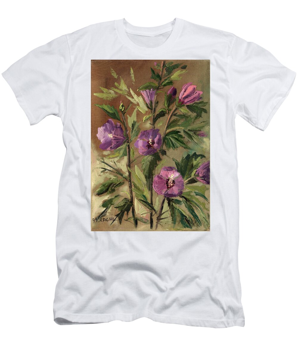Flower T-Shirt featuring the painting Purple Flowers 2 by Rachel Hershkovitz