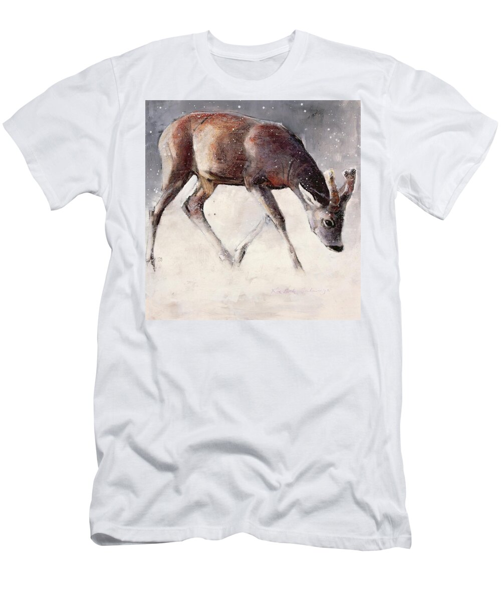 Deer; Horn; Horns; Horned; Snow; Snowing; Snowy; Mammal; Wild; Animal; Winter; Winter Time T-Shirt featuring the painting Roe Buck - Winter by Mark Adlington 