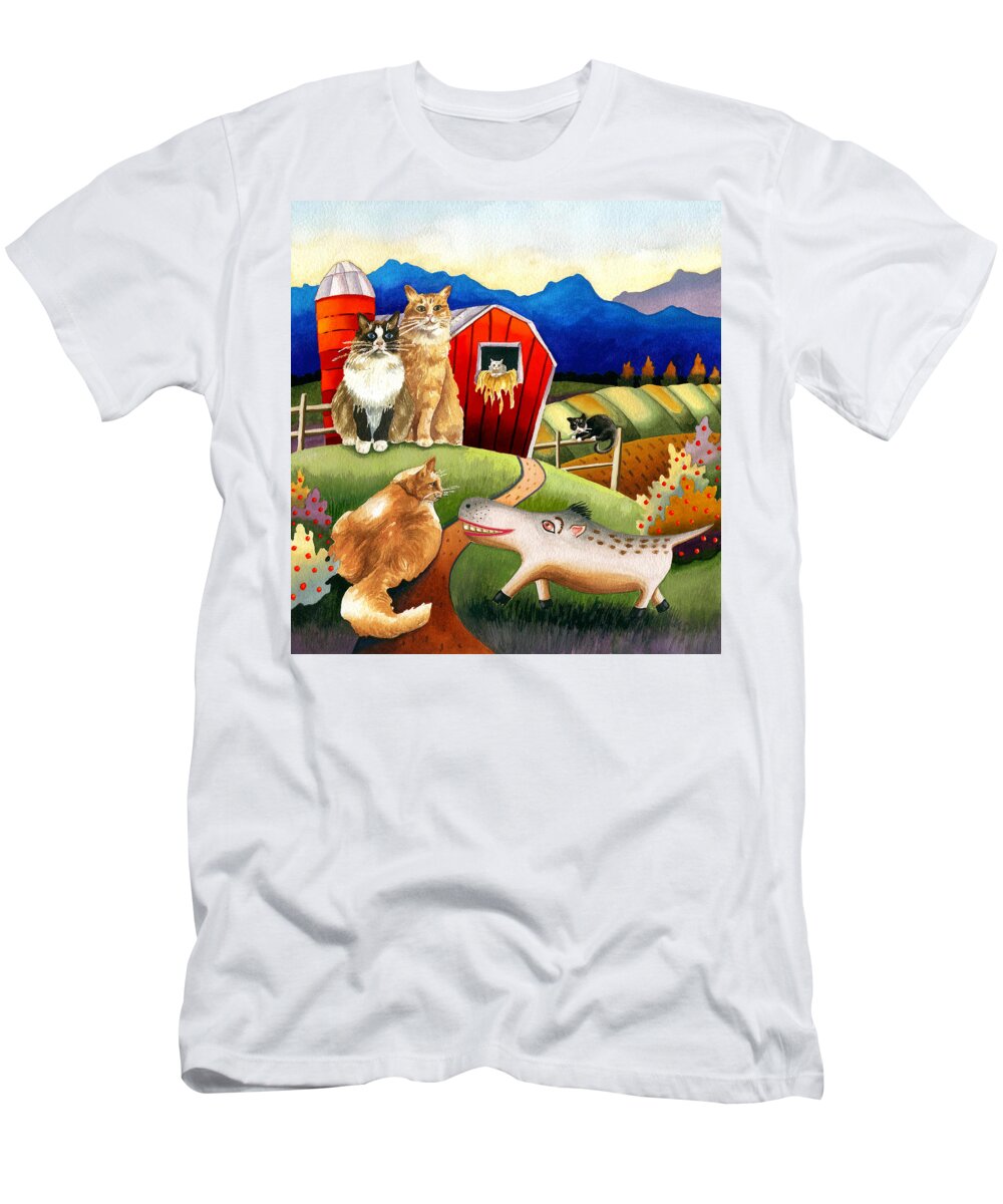 Spike The Dhog Painting T-Shirt featuring the painting Spike the Dhog Meets Some Well Fed Barncats by Anne Gifford