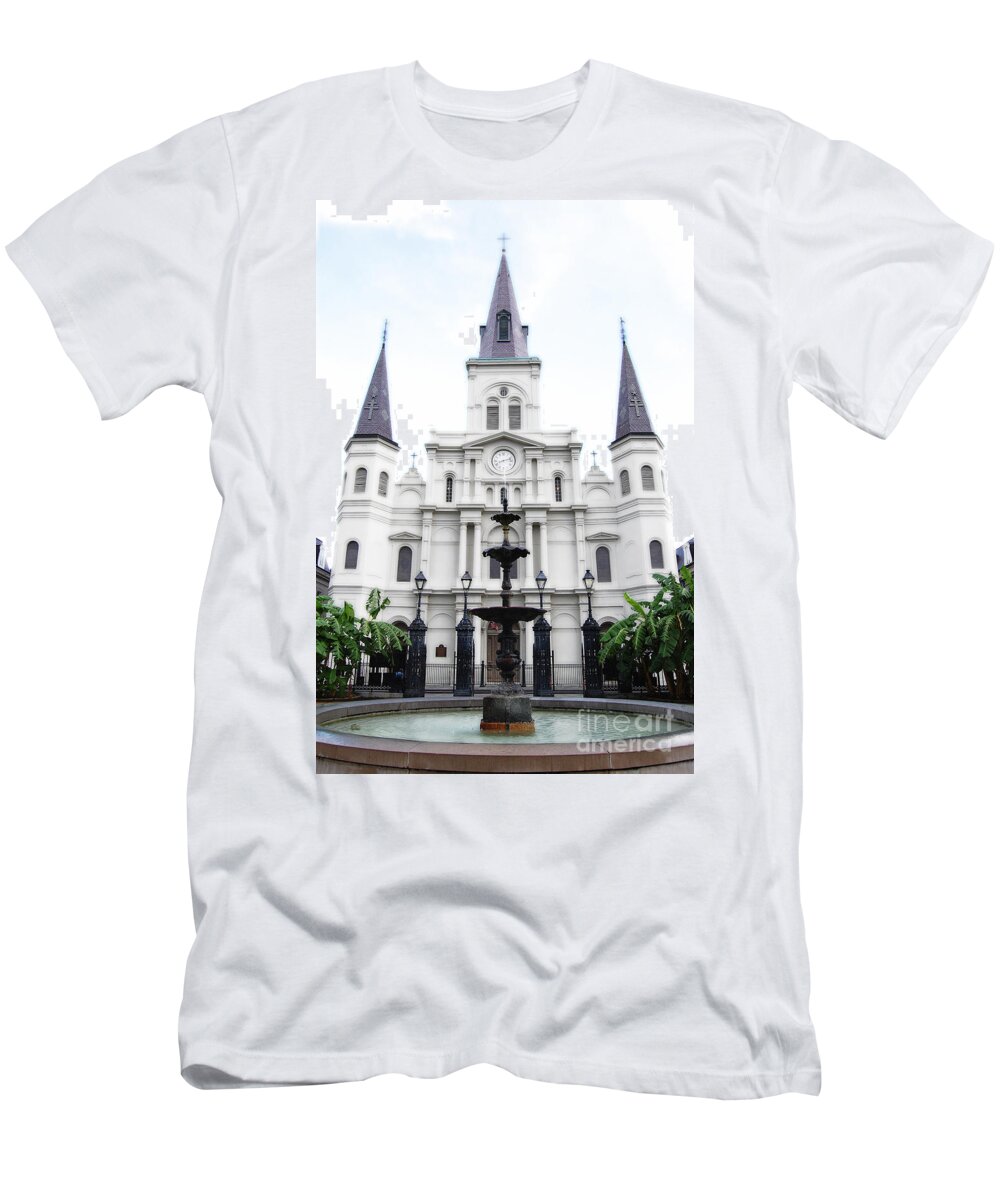 Jackson Square T-Shirt featuring the digital art St Louis Cathedral and Fountain Jackson Square French Quarter New Orleans Diffuse Glow Digital Art by Shawn O'Brien