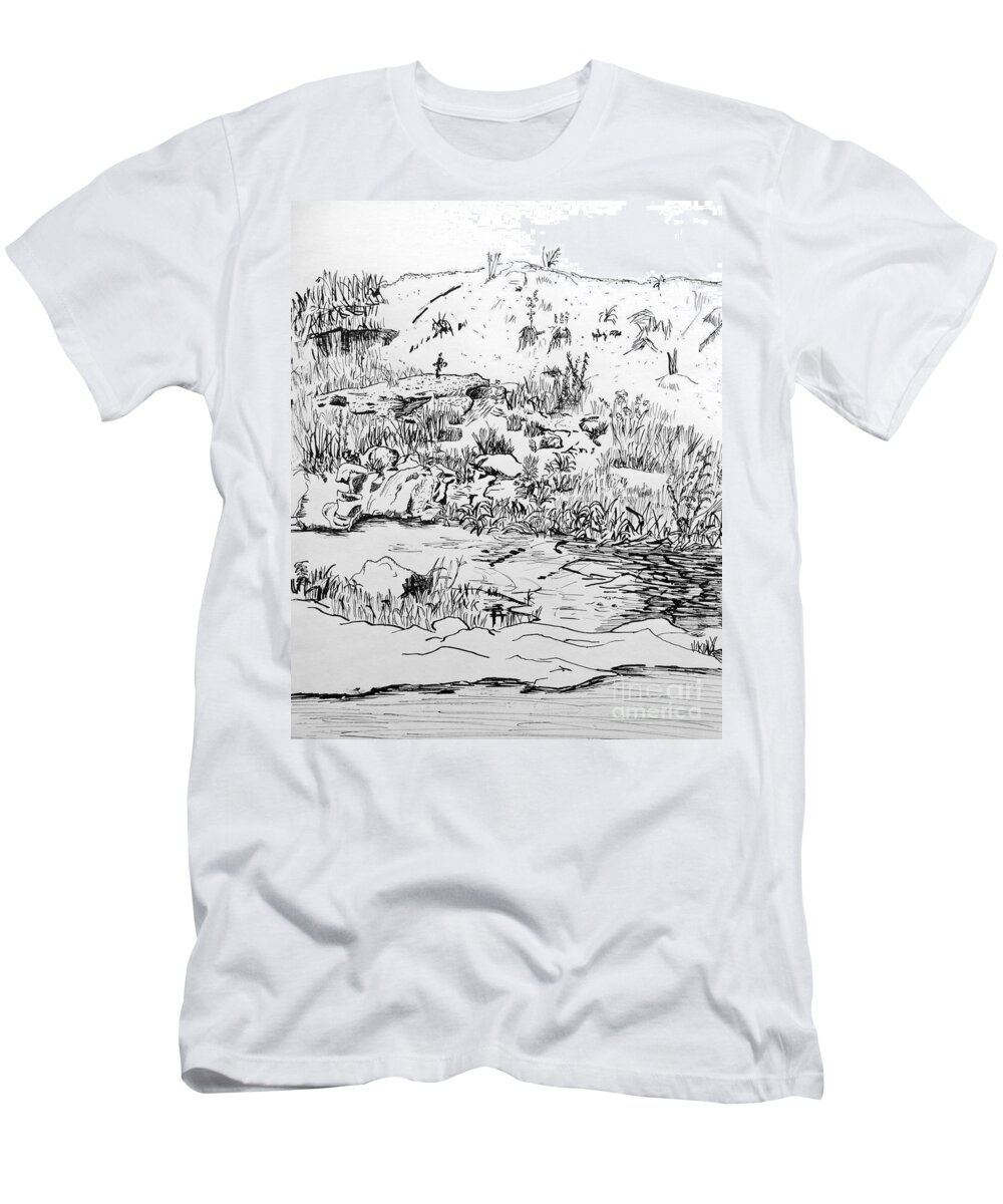 Landscape T-Shirt featuring the drawing The Stream by Brian Commerford