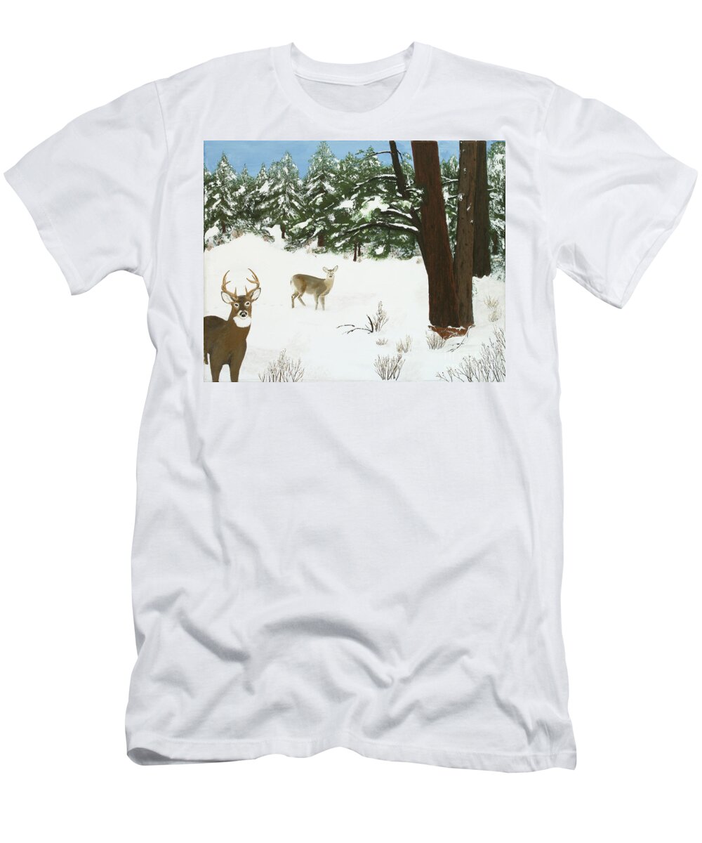 Winterscape T-Shirt featuring the painting Wintering Whitetails by L J Oakes