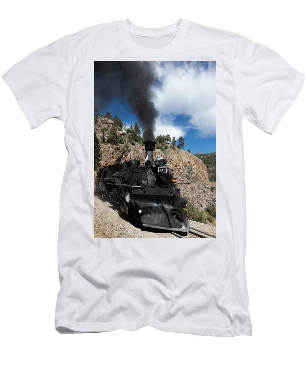 Carol M. Highsmith T-Shirt featuring the photograph A Durango and Silverton Narrow Gauge Scenic Railroad train chugs through the San Juan Mountains #1 by Carol M Highsmith