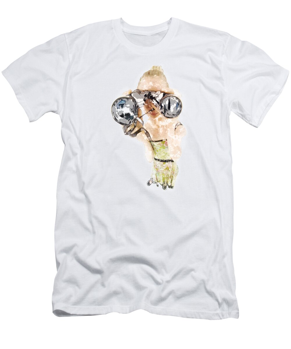 Comic T-Shirt featuring the photograph Blond Woman With Binoculars #1 by Humorous Quotes