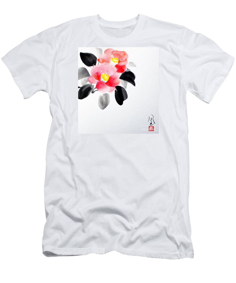 Japanese T-Shirt featuring the painting Camellia / Tsubaki #1 by Fumiyo Yoshikawa