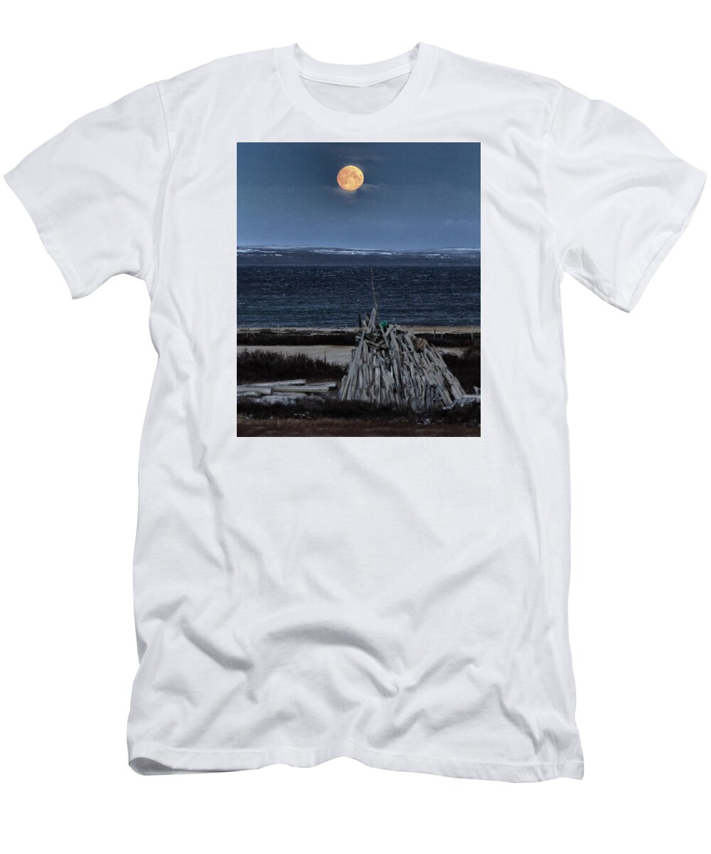 Arctic T-Shirt featuring the photograph Firewood and the Moon #1 by Pekka Sammallahti