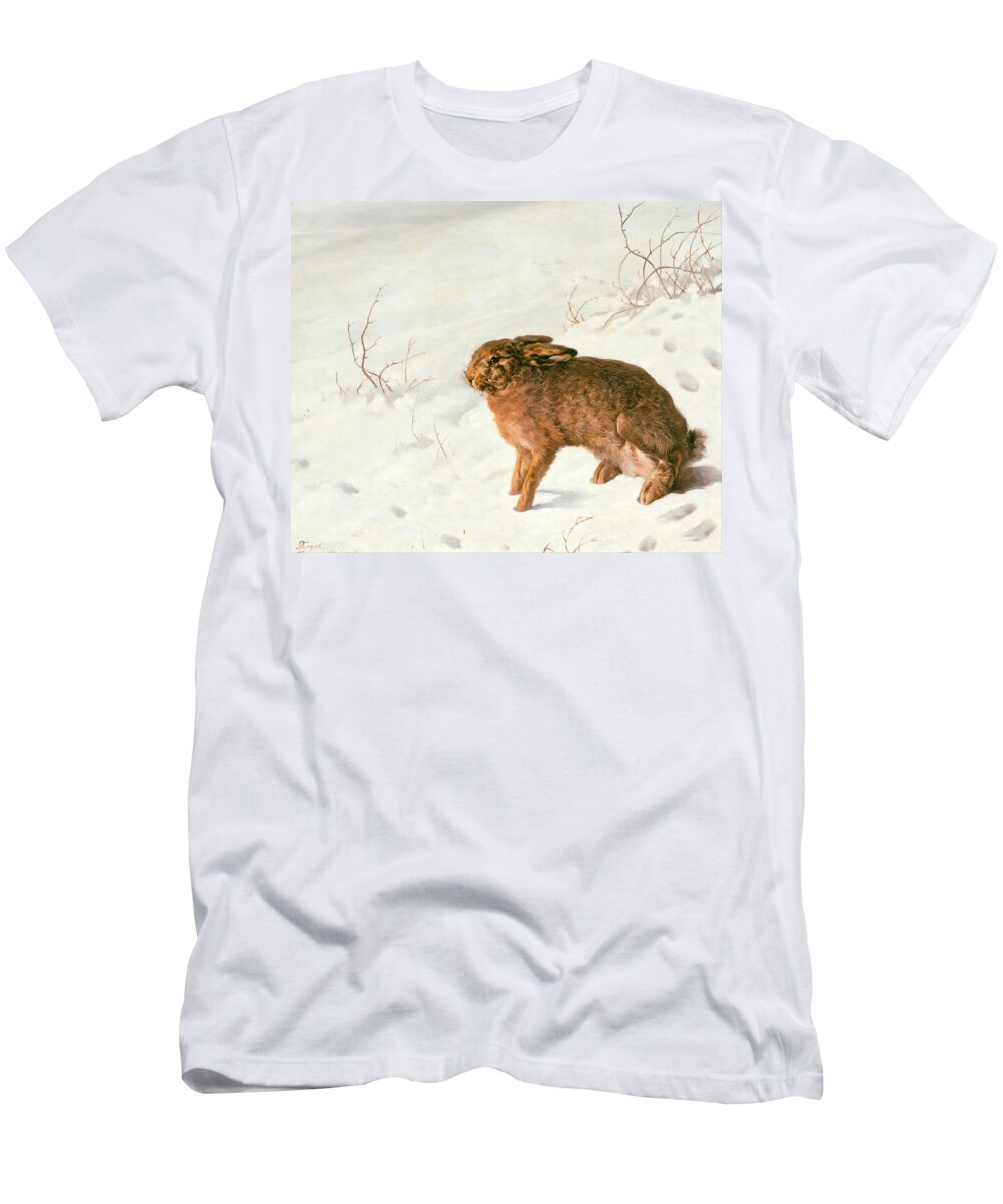 Ferdinand Von Rayski T-Shirt featuring the painting Hare in the Snow #4 by Ferdinand von Rayski