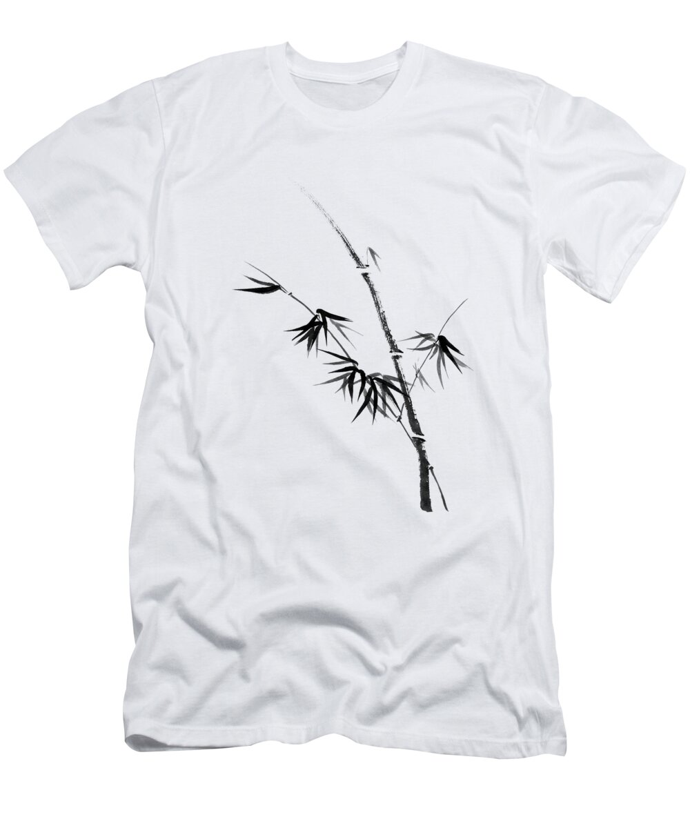 Bamboo T-Shirt featuring the painting Minimalistic Japanese Sumi-e Zen black ink painting of bamboo stalk with young leaves on rice paper #1 by Awen Fine Art Prints