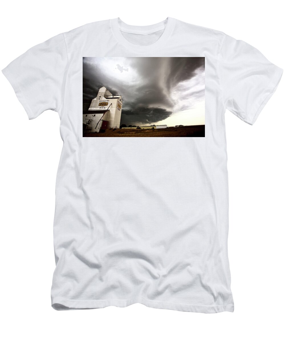 Grain Elevator T-Shirt featuring the digital art Nasty looking cumulonimbus cloud behind grain elevator #1 by Mark Duffy