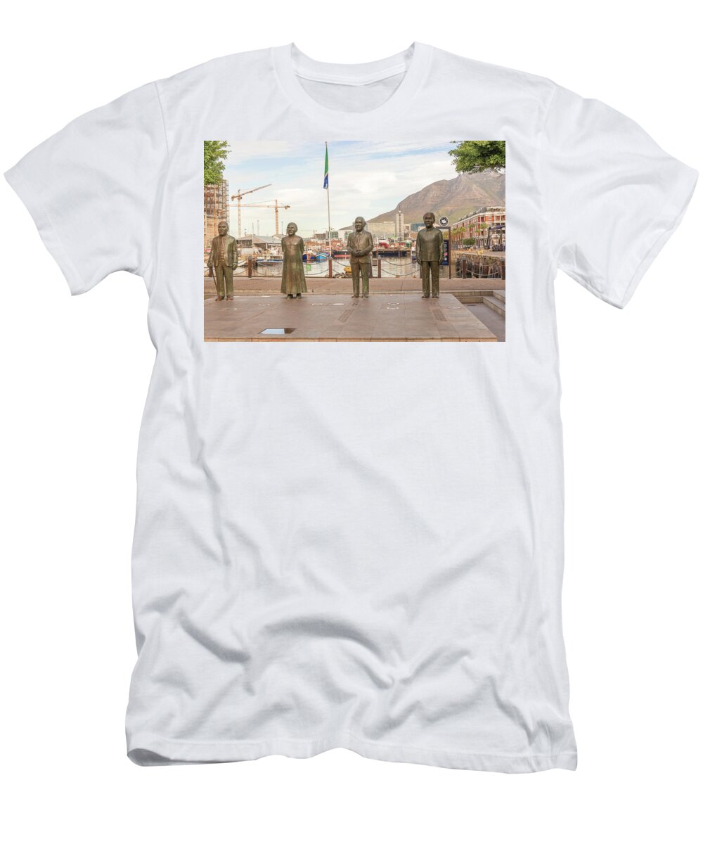 Bronze T-Shirt featuring the photograph Nobel Square at waterfront in Cape Town with the four statues of #1 by Marek Poplawski