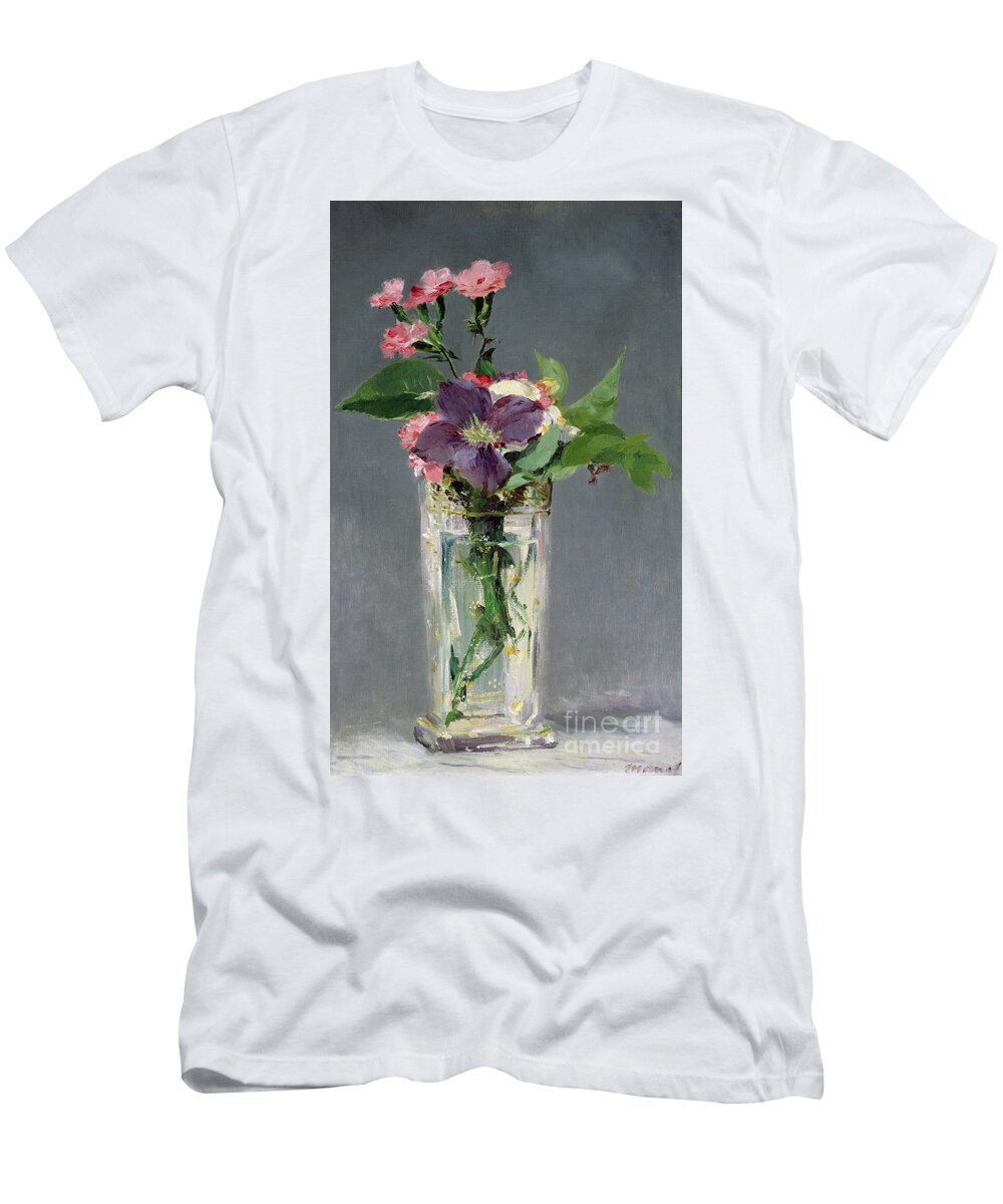 Manet T-Shirt featuring the painting Pinks and Clematis in a Crystal Vase by Edouard Manet