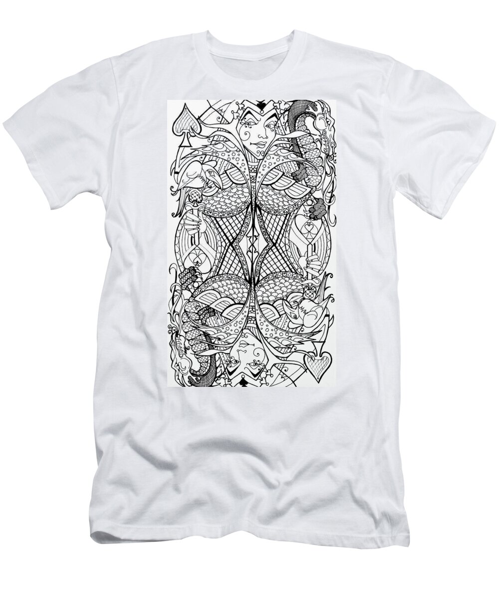 Queen Of Spades T-Shirt featuring the drawing Queen Of Spades 2 by Jani Freimann