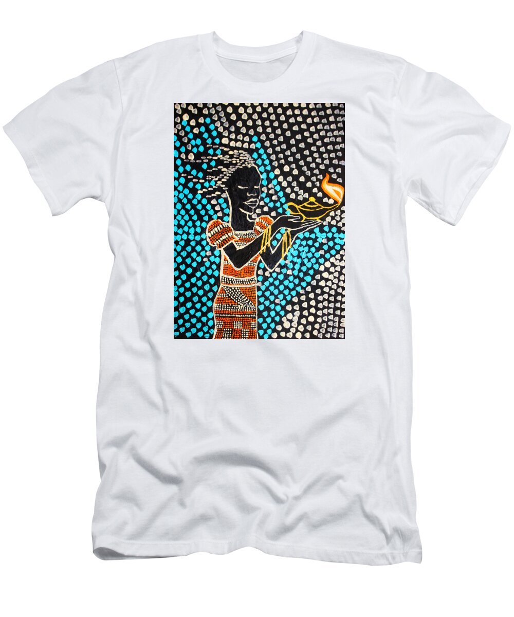 Jesus T-Shirt featuring the painting Shilluk South Sudanese Wise Virgin #1 by Gloria Ssali