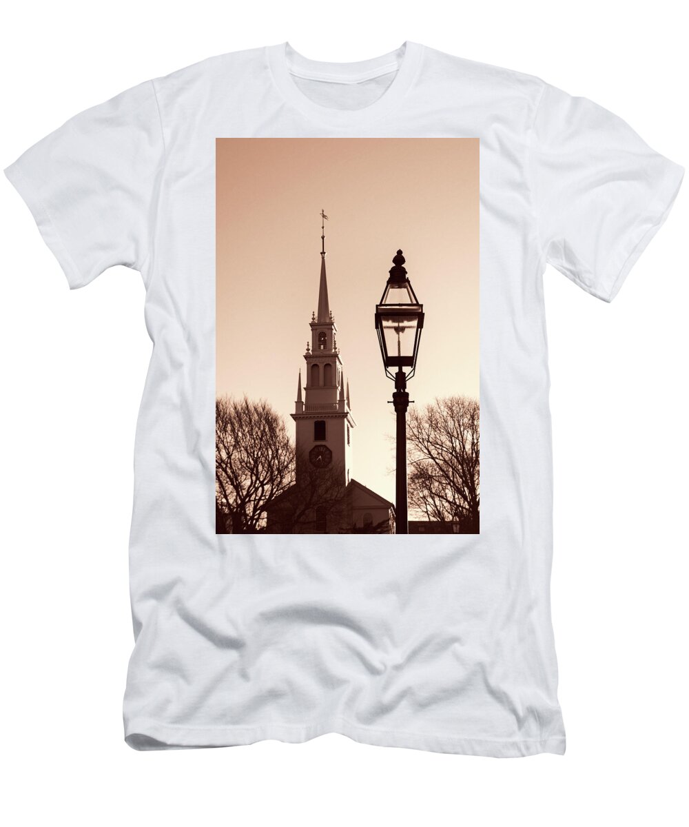 Trinity Church T-Shirt featuring the photograph Trinity Church Newport with Lamp #1 by Nancy De Flon