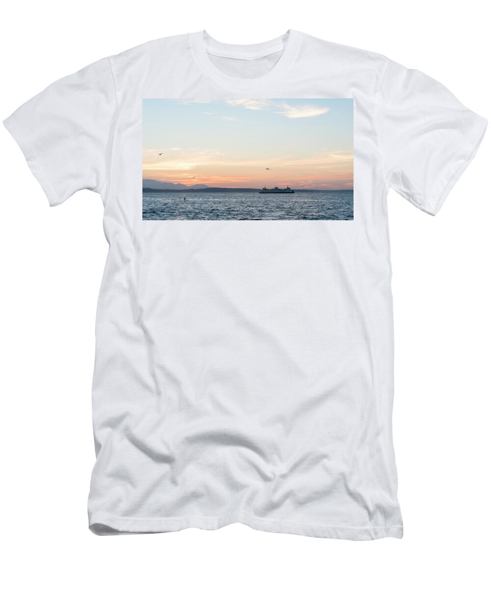 Sunset; Twilight; Puget Sound; Ferry; Paddler; Alki Beach; Outdoor; Landscape; T-Shirt featuring the digital art Twilight in Puget Sound by Michael Lee