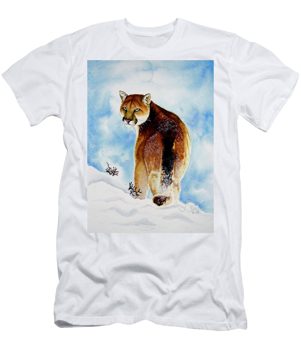 Cougar T-Shirt featuring the painting Winter Cougar #1 by Jimmy Smith