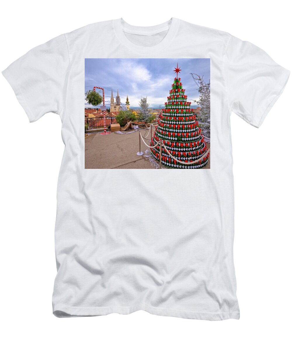 Zagreb T-Shirt featuring the photograph Zagreb Christmas tree and landmarks view on advent marker of upp #1 by Brch Photography