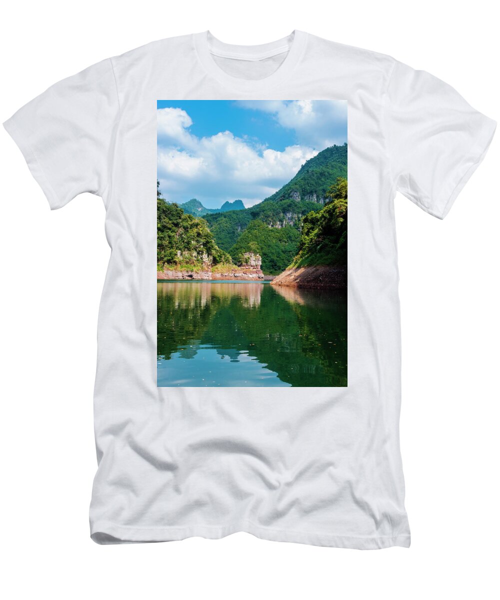 Mountain T-Shirt featuring the photograph The mountains and reservoir scenery with blue sky #11 by Carl Ning