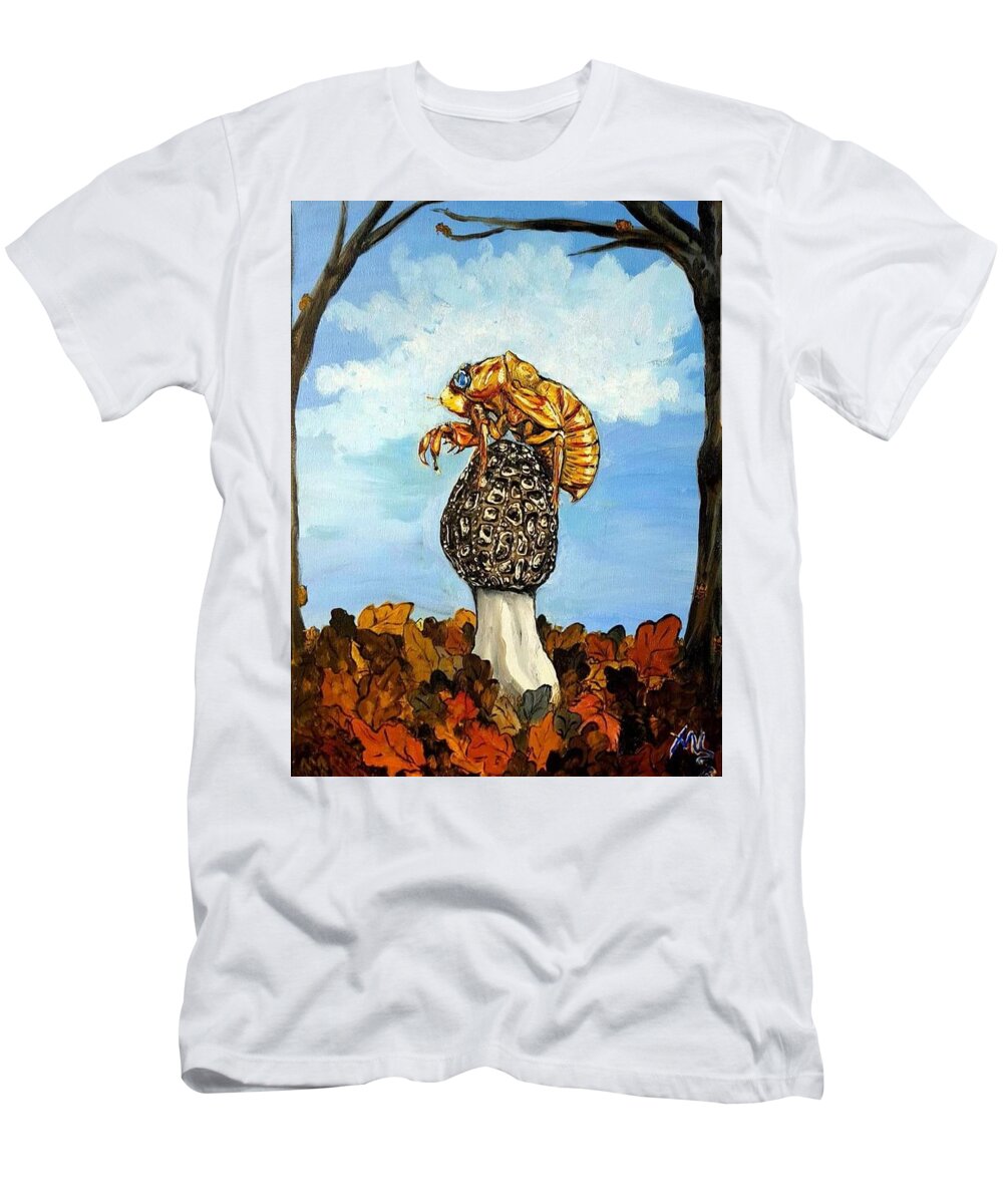 Morel T-Shirt featuring the painting 17 year Cicada With Morel by Alexandria Weaselwise Busen