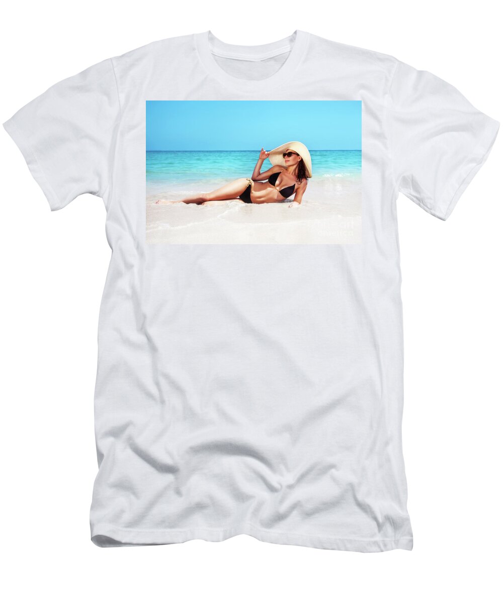 Beach T-Shirt featuring the photograph Beautiful woman on the beach #18 by Anna Om