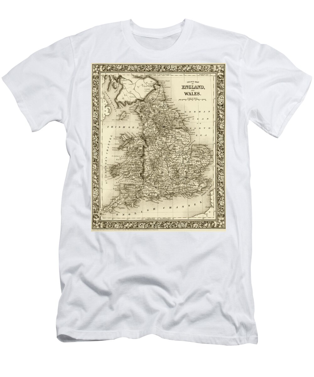 1800s T-Shirt featuring the digital art 1800s Wales County Map Wales England Sepia by Toby McGuire