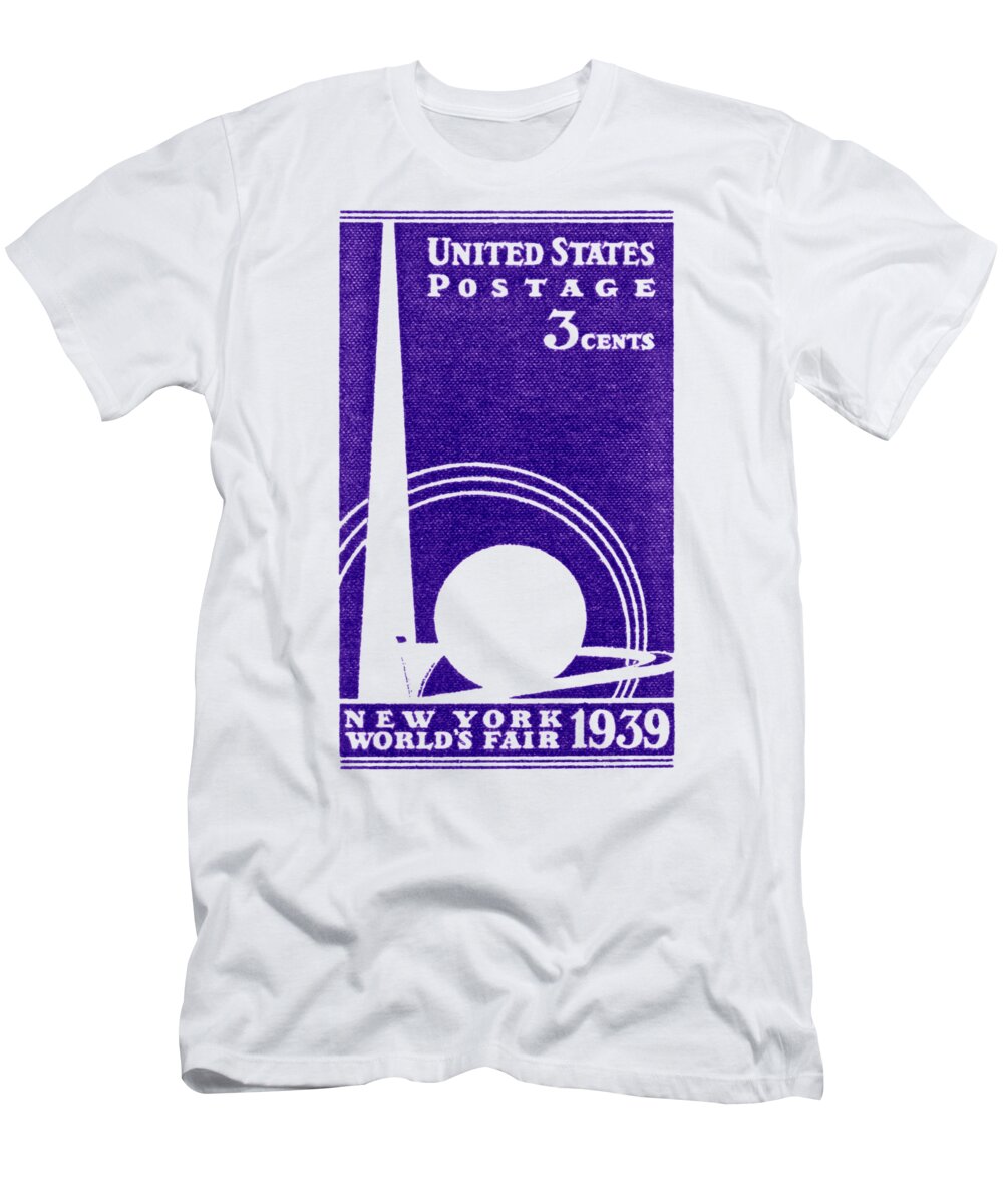 New York City T-Shirt featuring the painting 1939 New York Worlds Fair Stamp by Historic Image