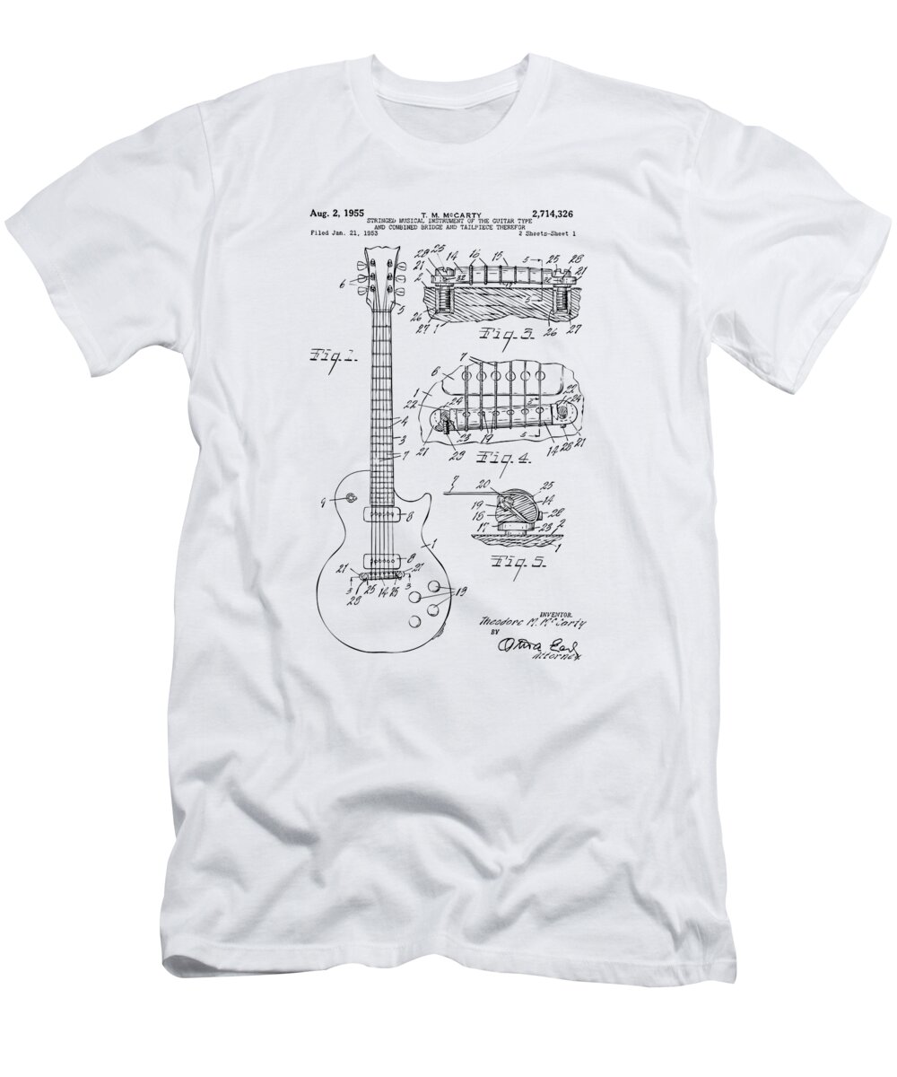Guitar T-Shirt featuring the drawing 1955 McCarty Gibson Les Paul Guitar Patent Artwork Vintage by Nikki Marie Smith