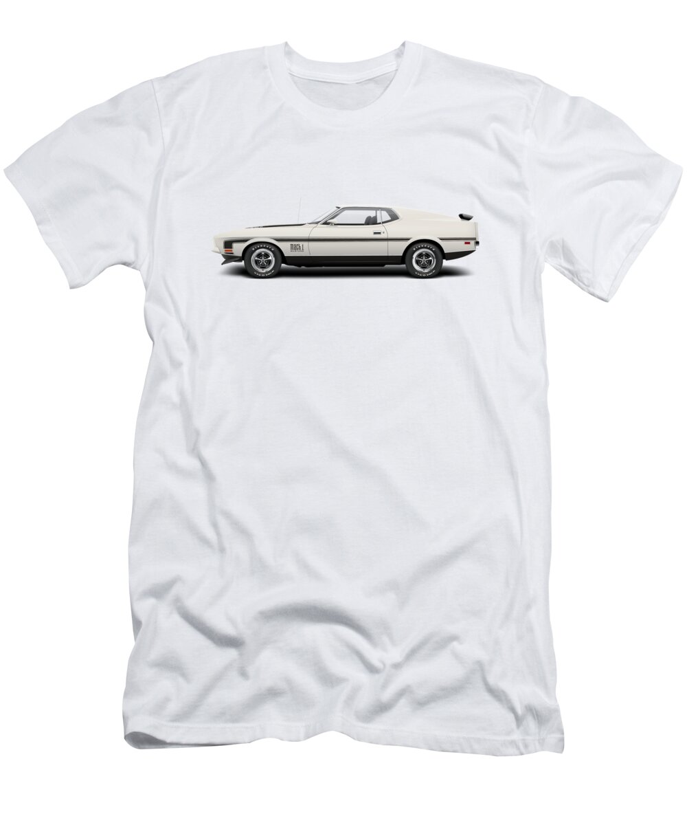 1970 T-Shirt featuring the digital art 1971 Ford Mustang Mach 1 - Wimbledon White by Ed Jackson