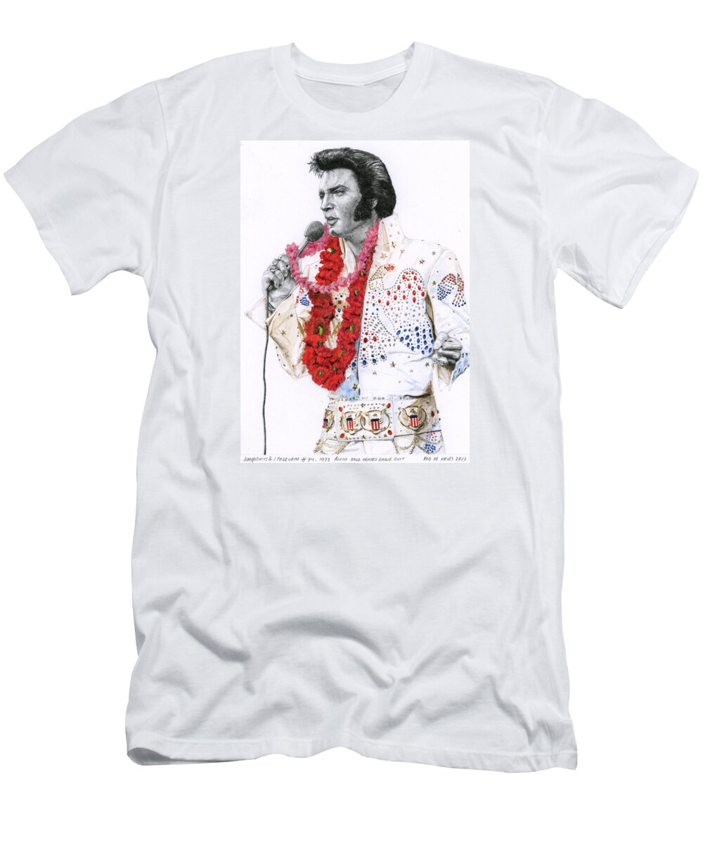 Elvis T-Shirt featuring the drawing 1973 Aloha Bald Headed Eagle Suit by Rob De Vries