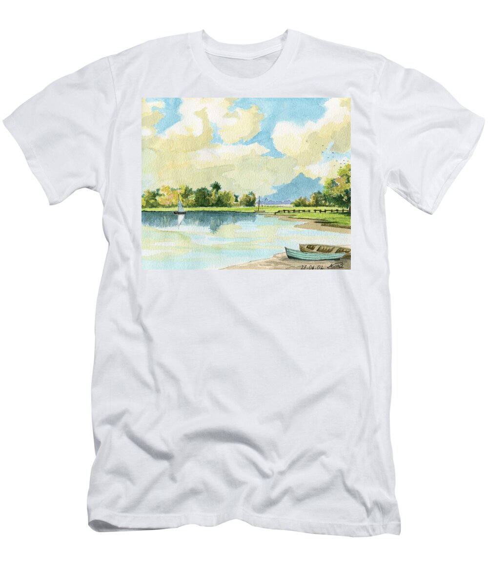 Lake T-Shirt featuring the painting Fishing Lake #2 by Alban Dizdari