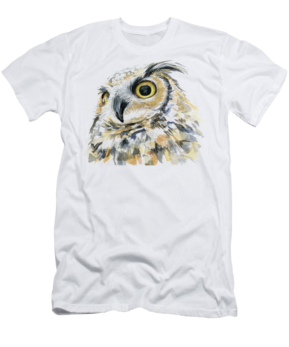 Owl T-Shirt featuring the painting Great Horned Owl Watercolor by Olga Shvartsur