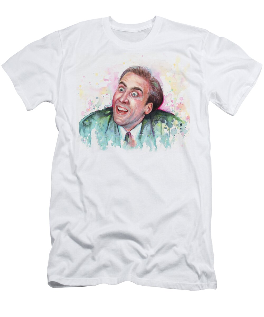 Nic Cage T-Shirt featuring the painting Nicolas Cage You Don't Say Watercolor Portrait by Olga Shvartsur