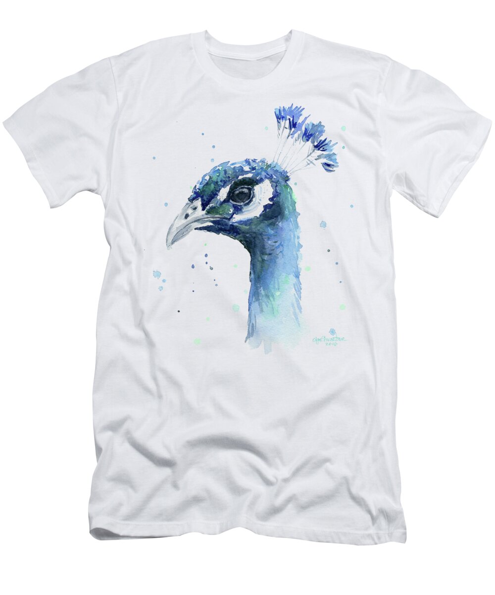 Peacock T-Shirt featuring the painting Peacock Watercolor #1 by Olga Shvartsur