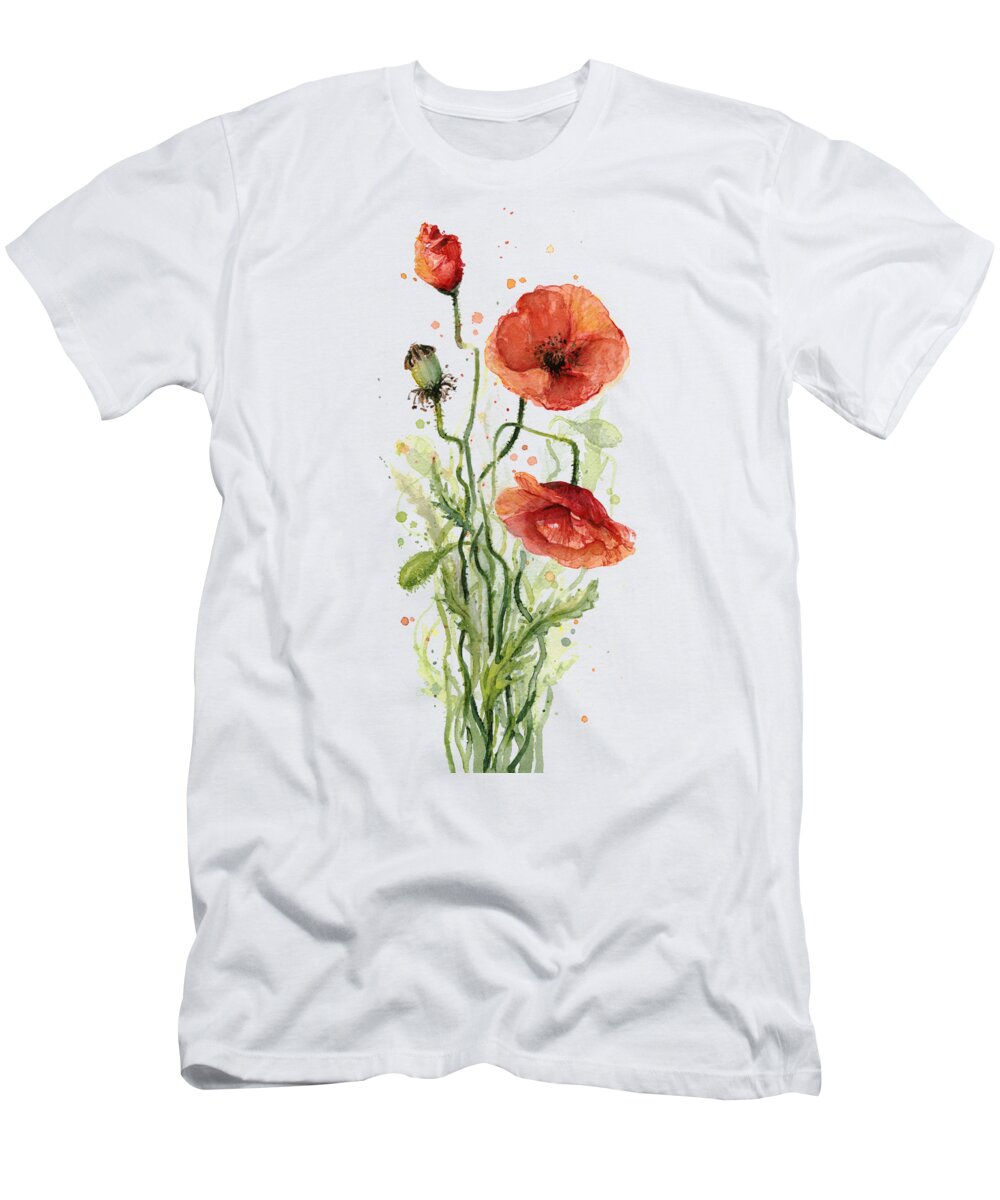 Red Poppy T-Shirt featuring the painting Red Poppies Watercolor by Olga Shvartsur