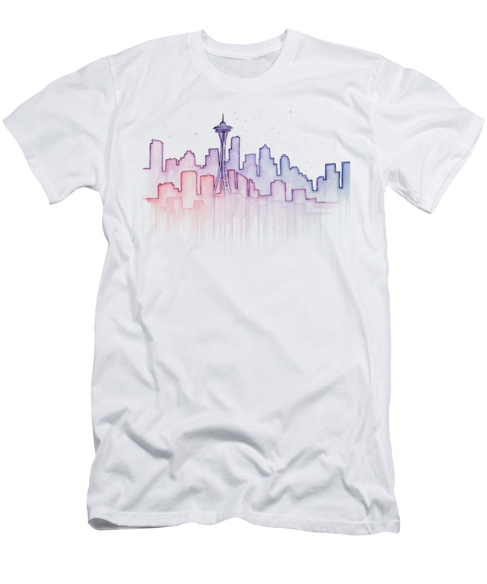 Watercolor T-Shirt featuring the painting Seattle Skyline Watercolor #2 by Olga Shvartsur