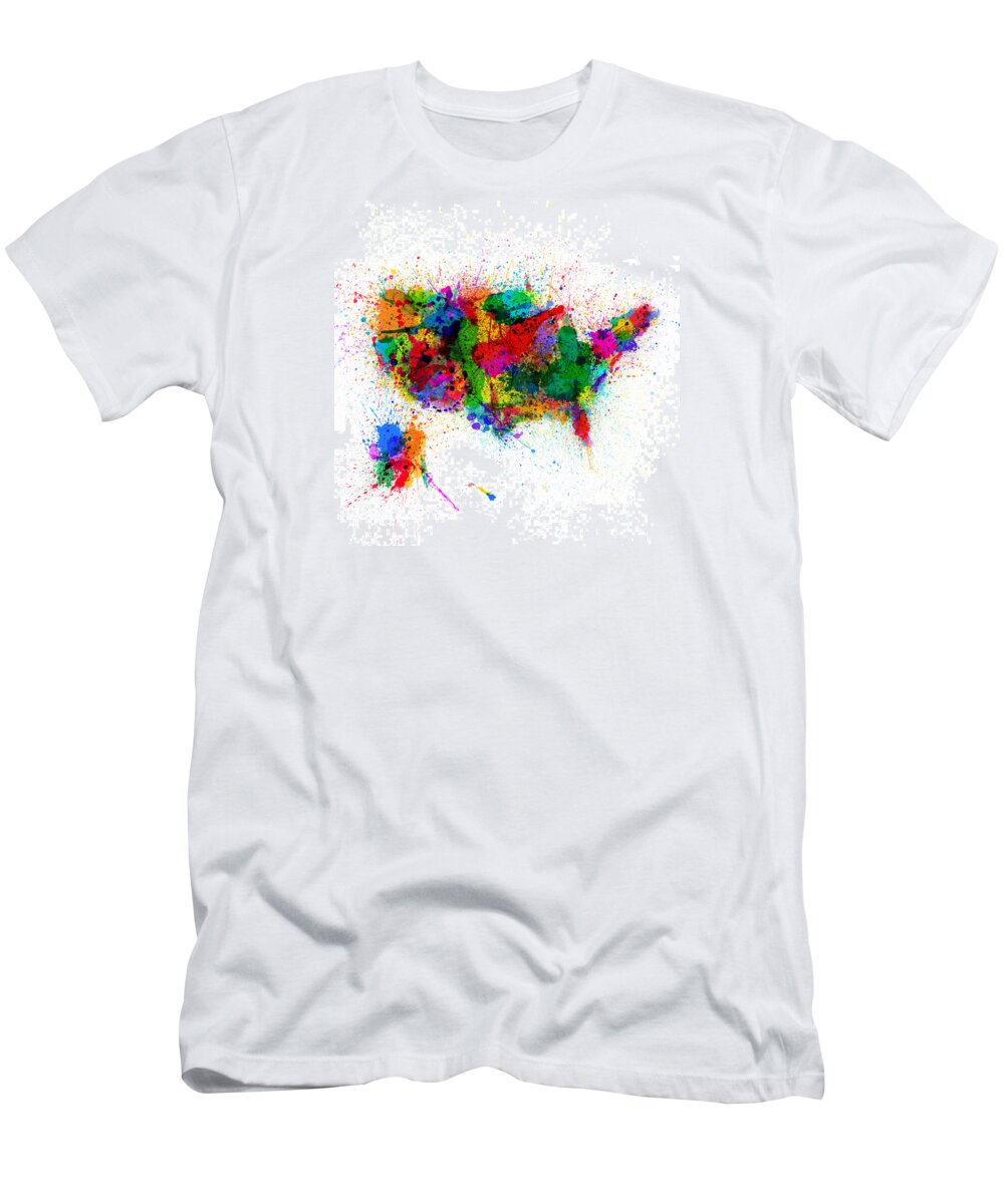 Usa Map T-Shirt featuring the digital art United States Paint Splashes Map #2 by Michael Tompsett