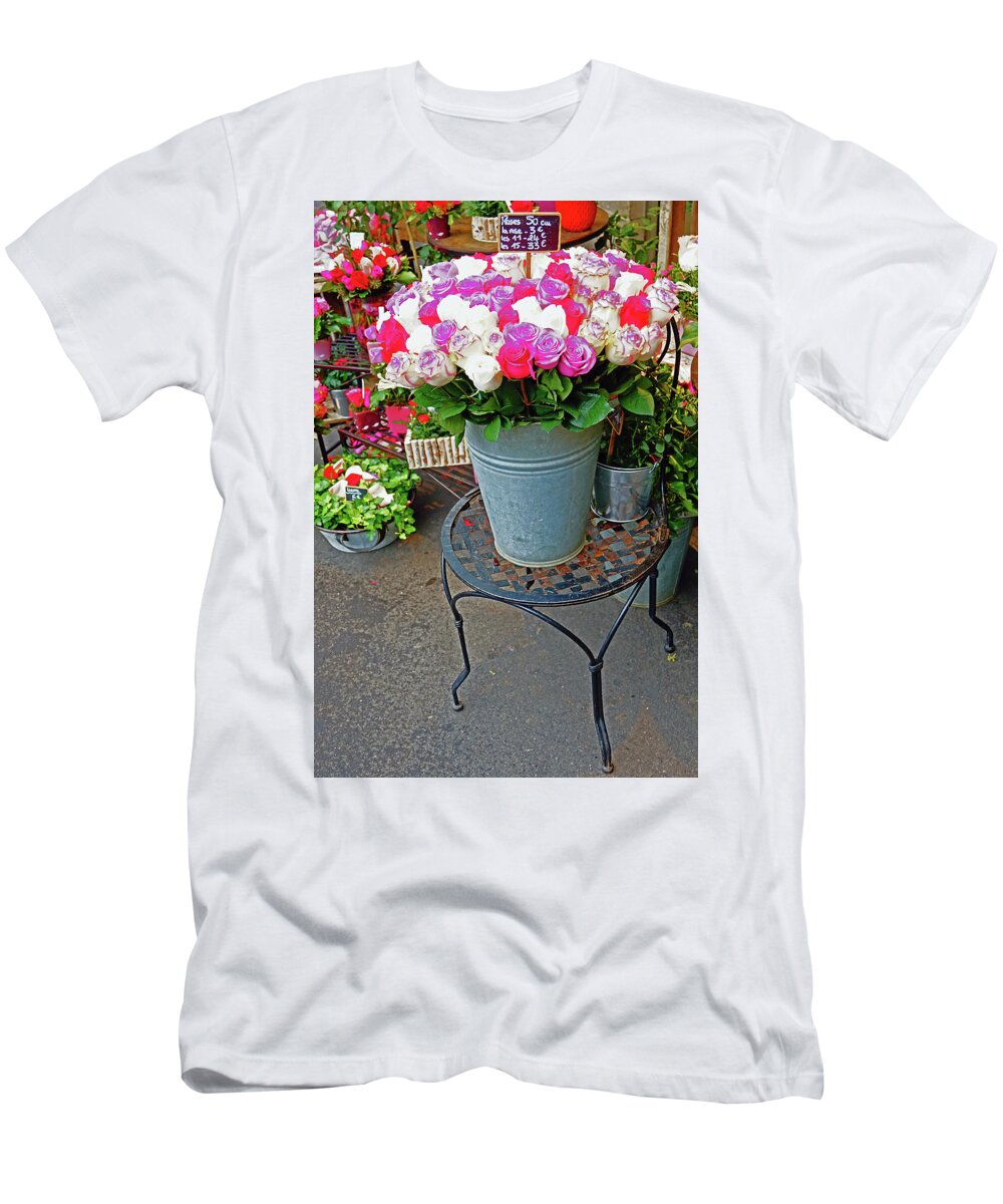 Paris T-Shirt featuring the photograph Flower Shop Display In Paris, France #25 by Rick Rosenshein