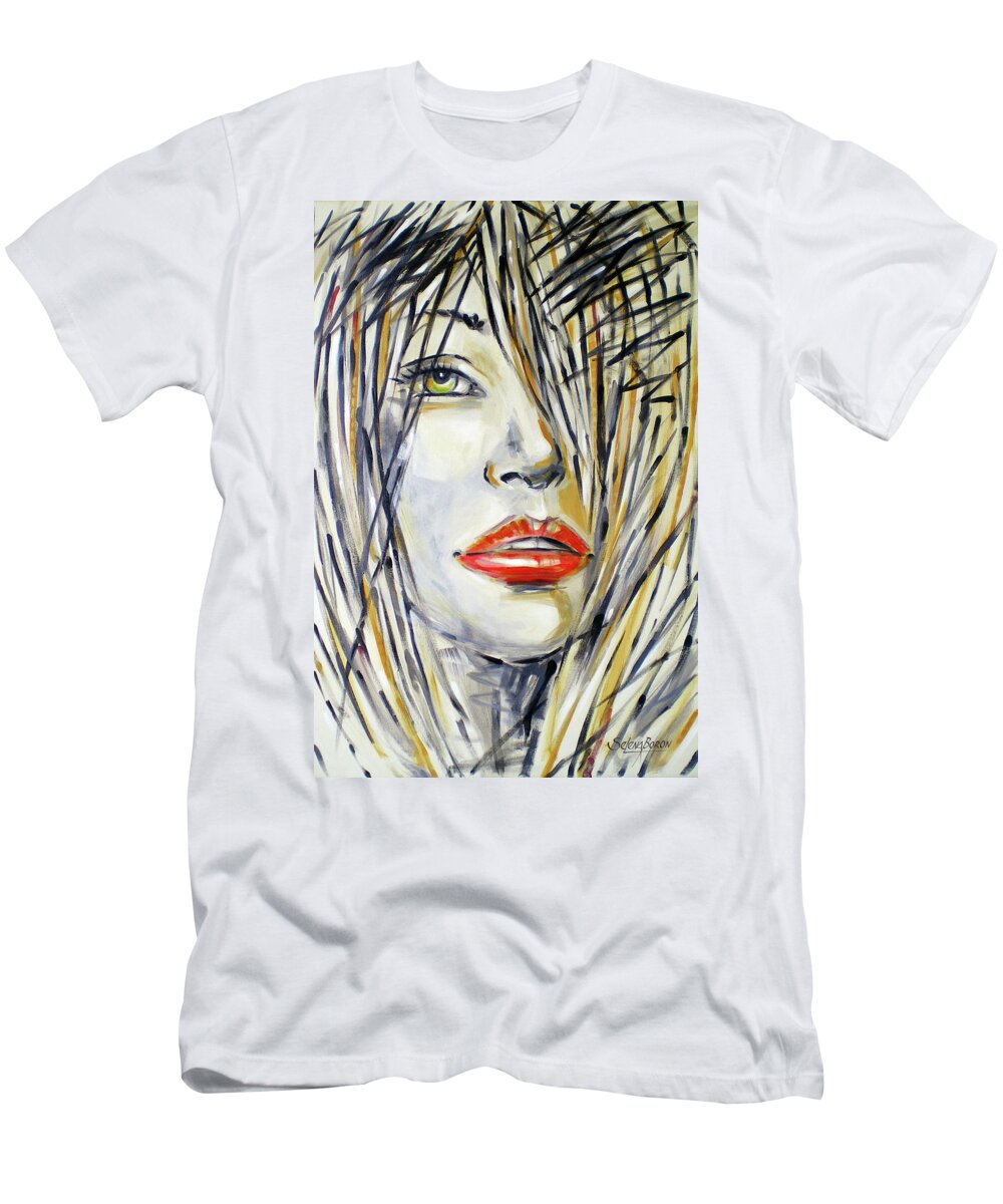 Woman T-Shirt featuring the painting Red Lipstick 081208 #1 by Selena Boron