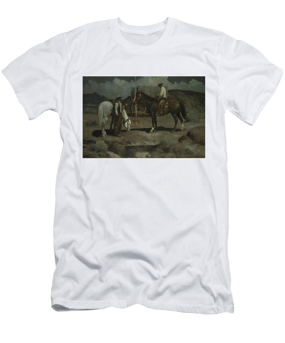 Frank Tenney Johnson 1874-1939 Time To Wake The Cook T-Shirt featuring the painting Time To Wake The Cook #4 by MotionAge Designs