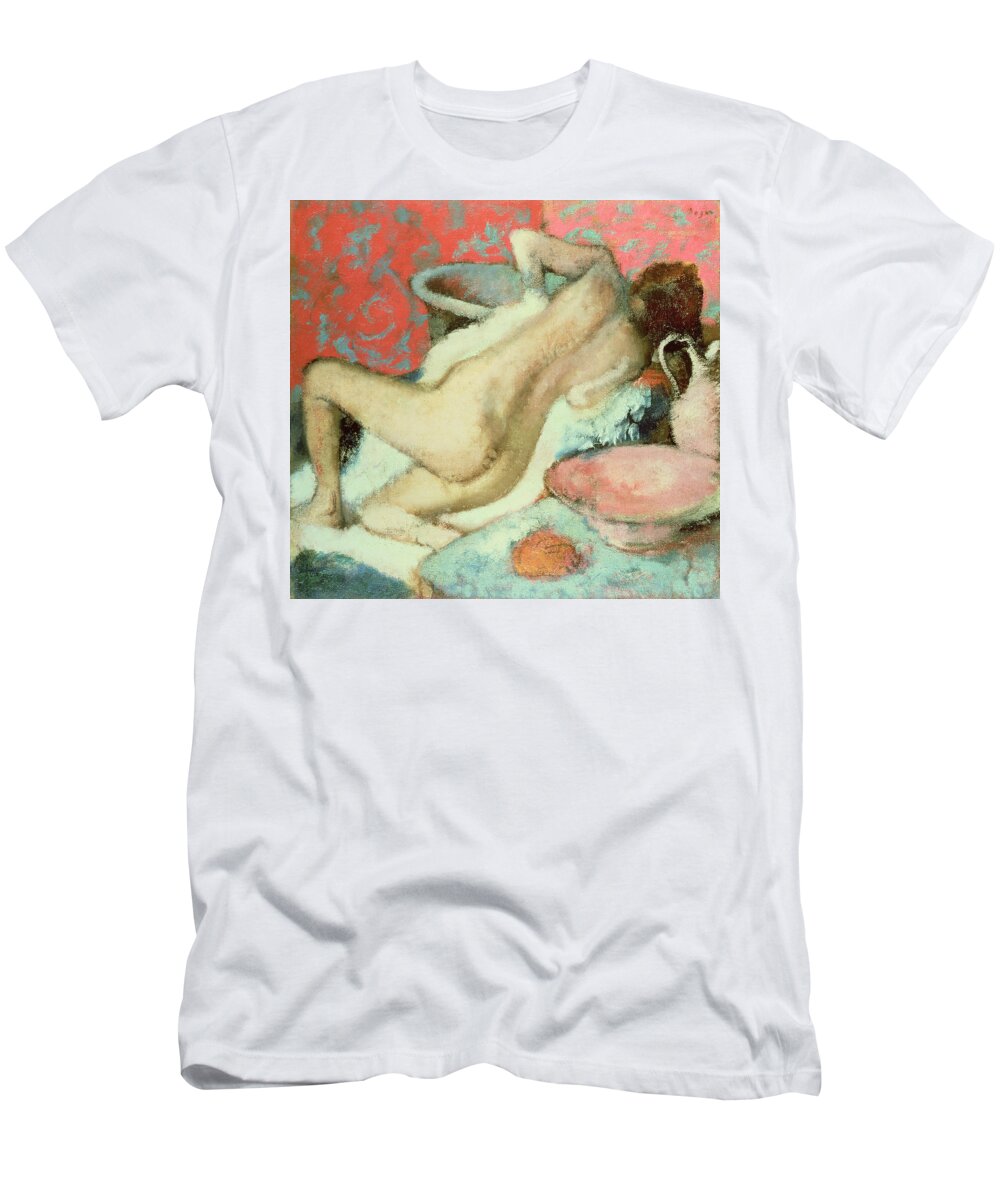 Nude; Impressionist; Female; Bathing; Femme Se Sechant; Secher; Toilette T-Shirt featuring the painting Woman drying herself by Edgar Degas