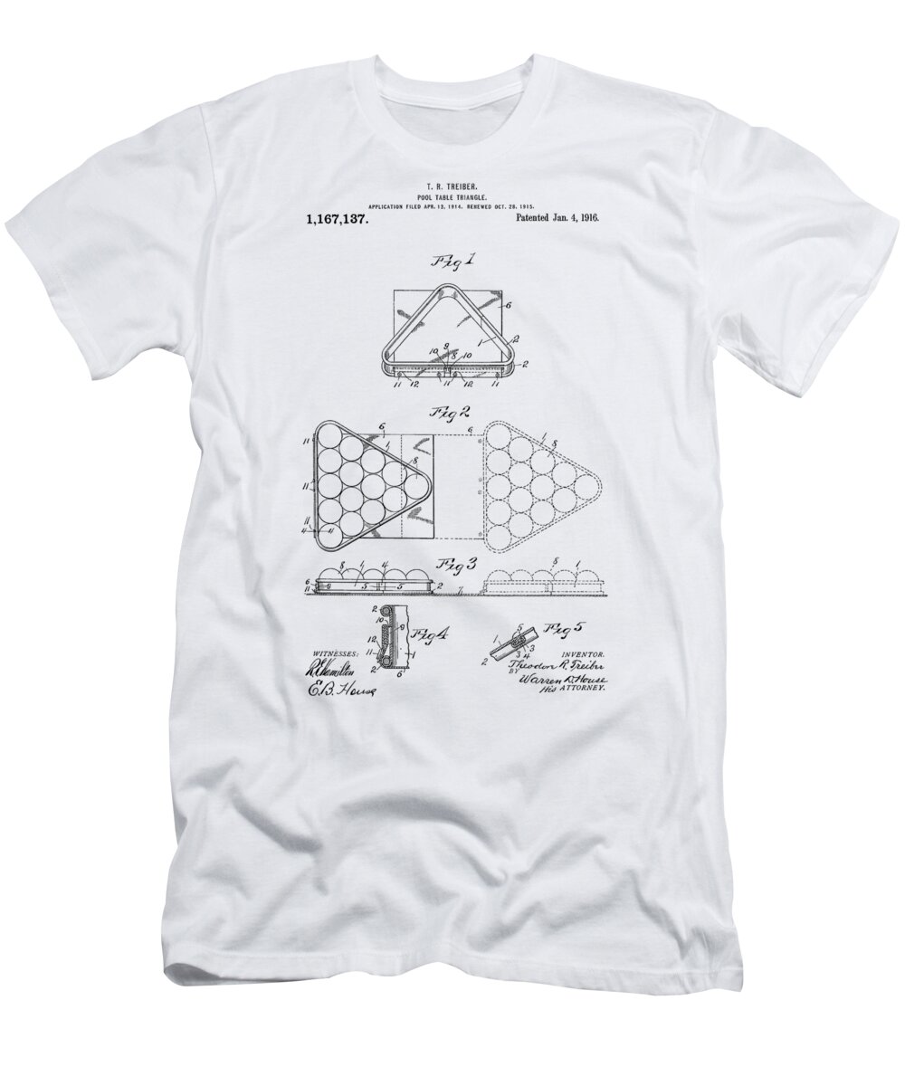 Pool Table T-Shirt featuring the photograph Pool table triangle patent from 1915 #6 by Chris Smith