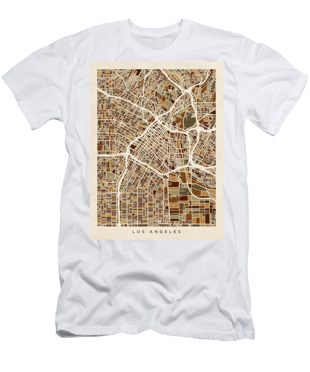Los Angeles T-Shirt featuring the digital art Los Angeles City Street Map #6 by Michael Tompsett
