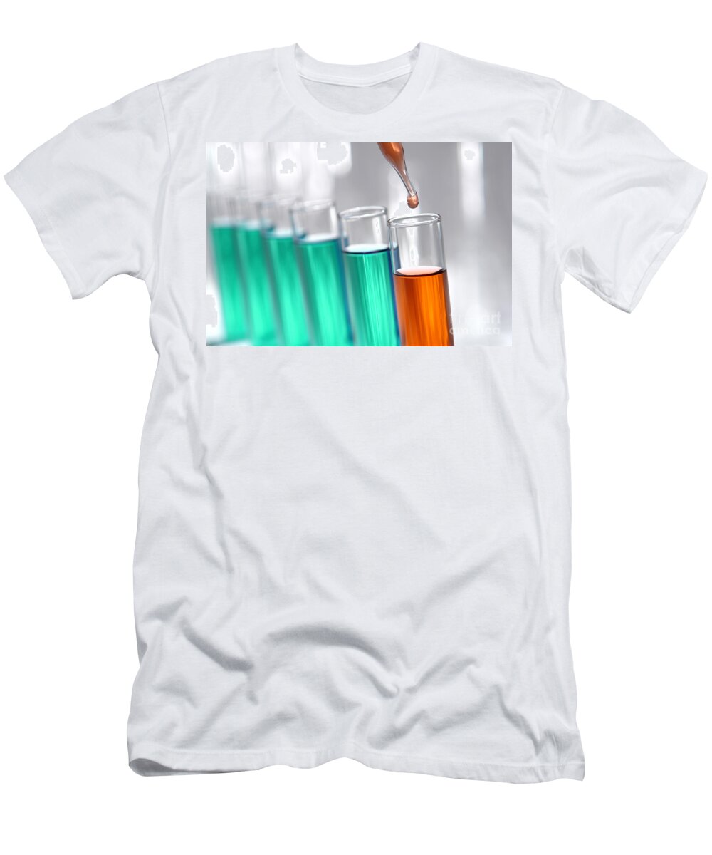 Chemistry T-Shirt featuring the photograph Test Tubes in Science Research Lab #64 by Olivier Le Queinec